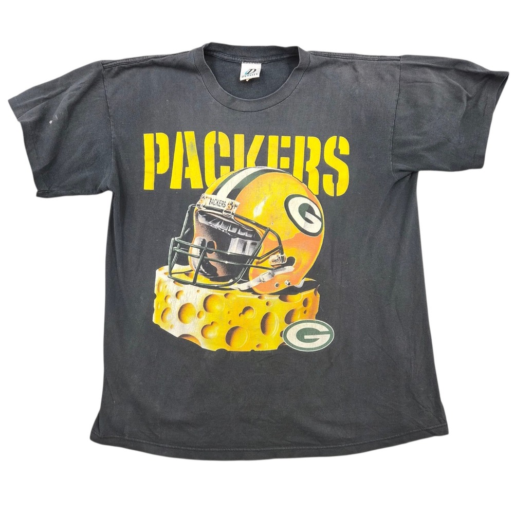 Vintage Green Bay Packers Dynasty T-Shirt Faded Black Cheesehead Helmet Men L